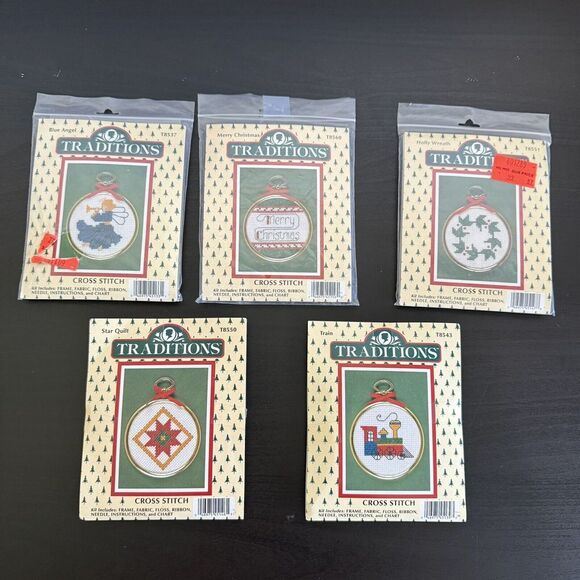 Vintage Lot of 5 Traditions Cross Stitch Christmas Ornament Kits Angel Train New - Picture 1 of 11